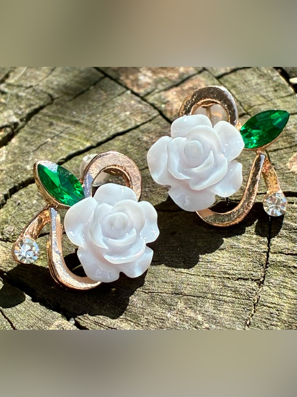 🌹Gold-Tone Pure White Rose Earrings with CZ and Emerald Green Leaf Accent